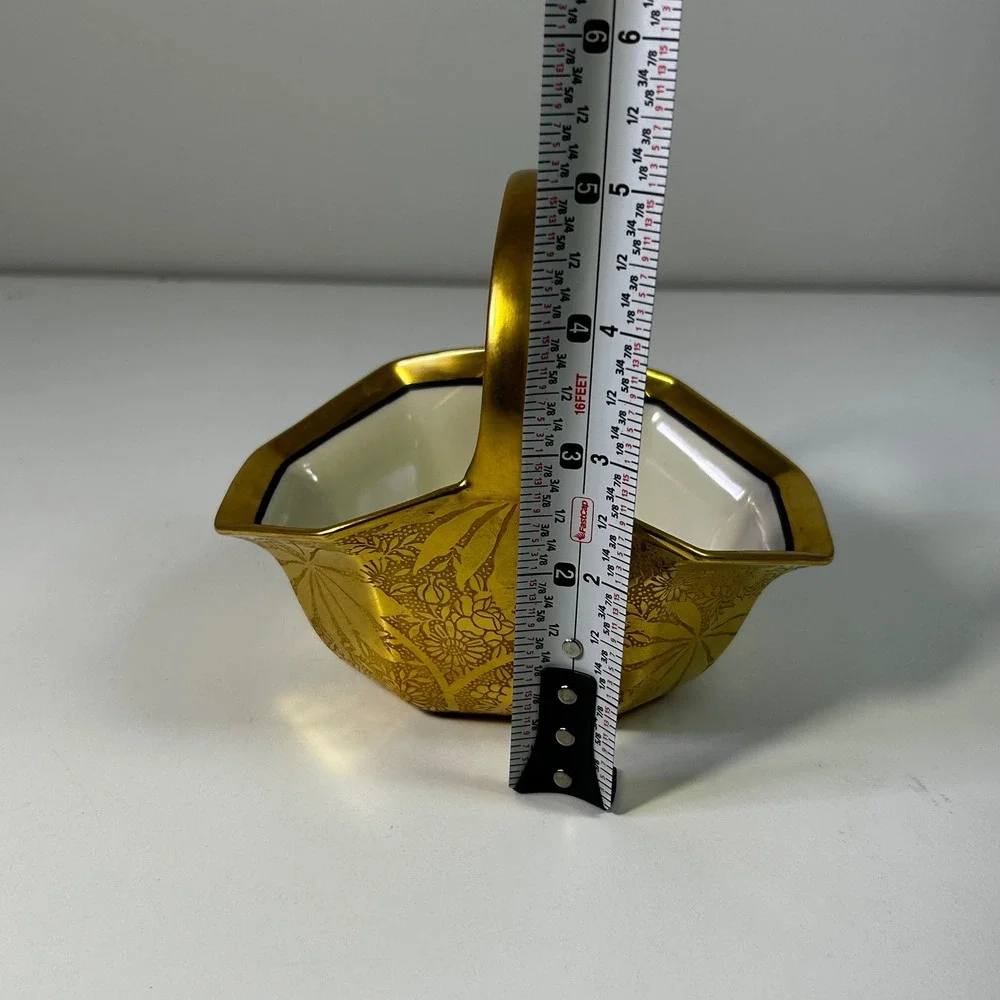 Noritake Japan Gold Encrusted Floral Porcelain Hexagon Basket  Handle Vintage